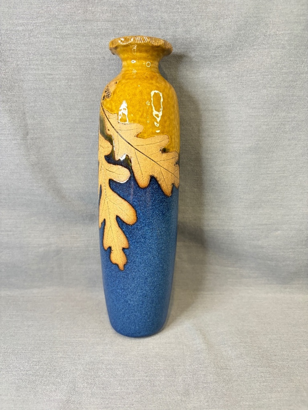 Studio Art Wall Pocket Pottery Vase Blue Tan Glaze Leaves Acorn 9.25"